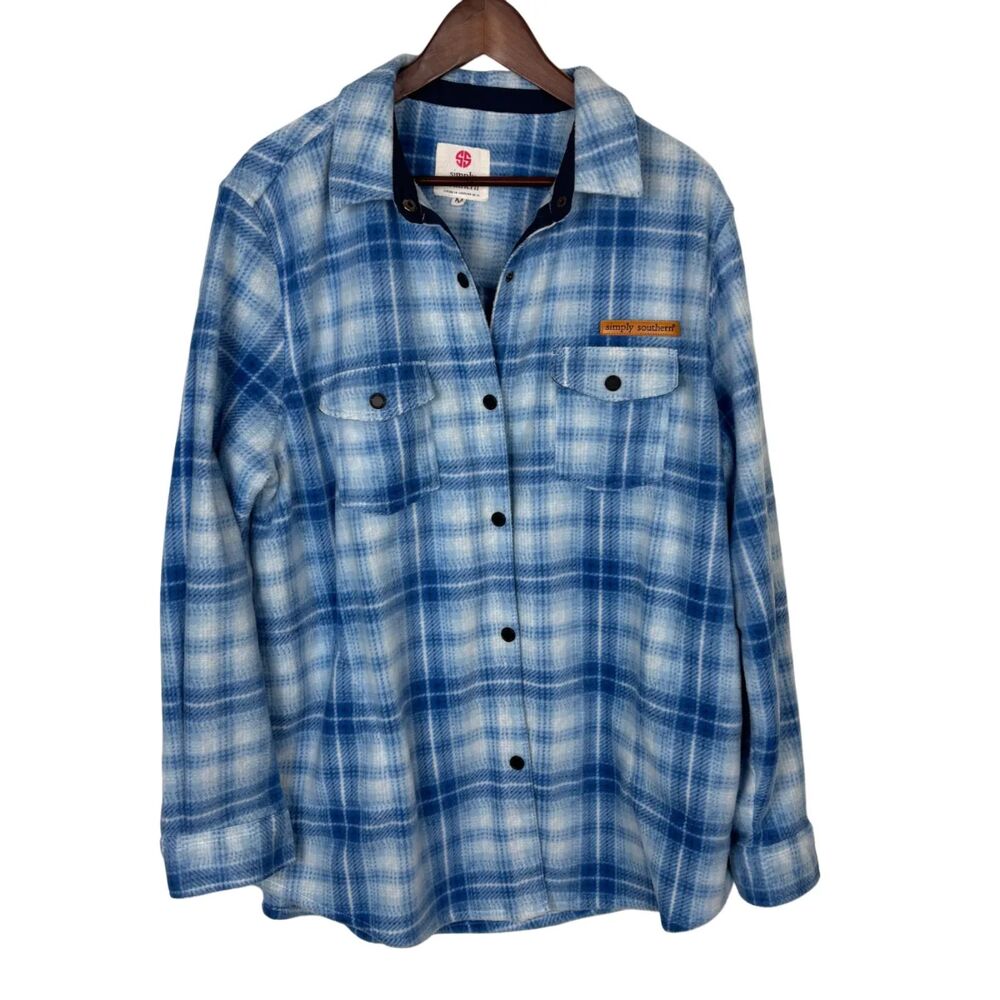Simply Southern Blue Plaid Soft Fleece Front Snap Shacket Women's Medium